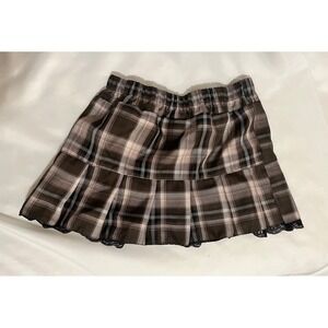 Brown Plaid Pleated Mini Skirt with Black Lace Trim Elastic Waist Size M
